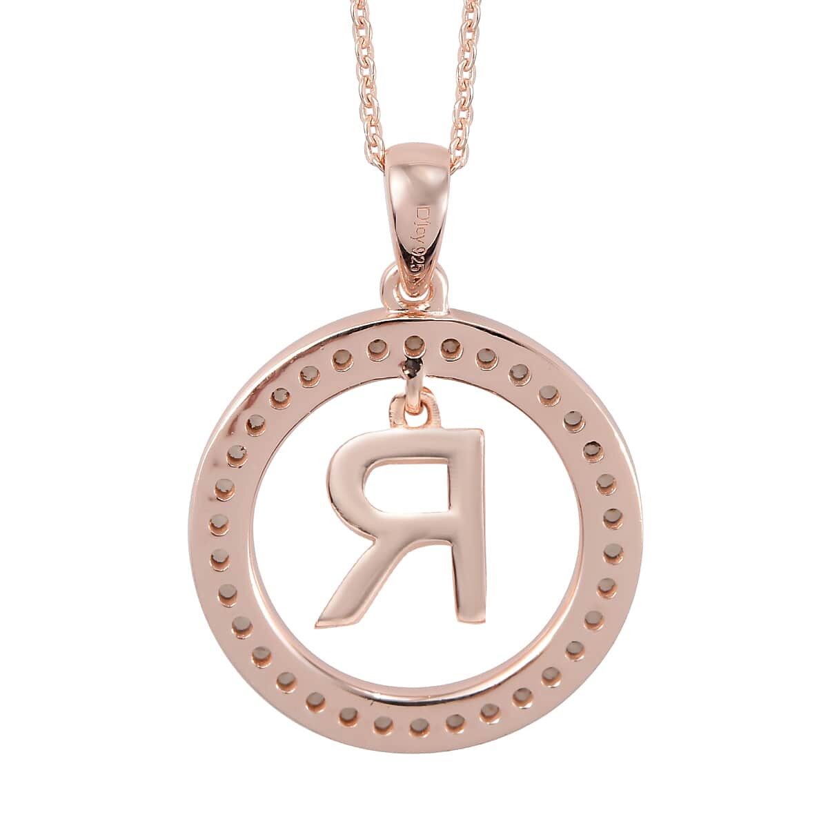 Natural White Zircon R Pendant Necklace 20 Inches in Vermeil Rose Gold Over Sterling Silver 0.70 ctw image number 4