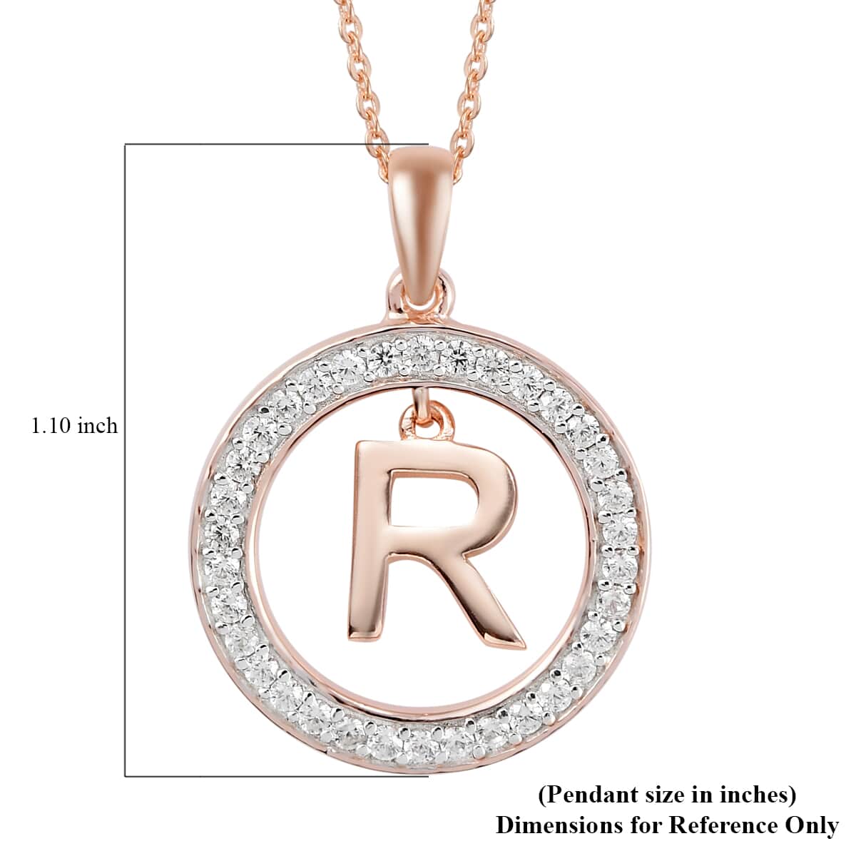 Natural White Zircon R Pendant Necklace 20 Inches in Vermeil Rose Gold Over Sterling Silver 0.70 ctw image number 6