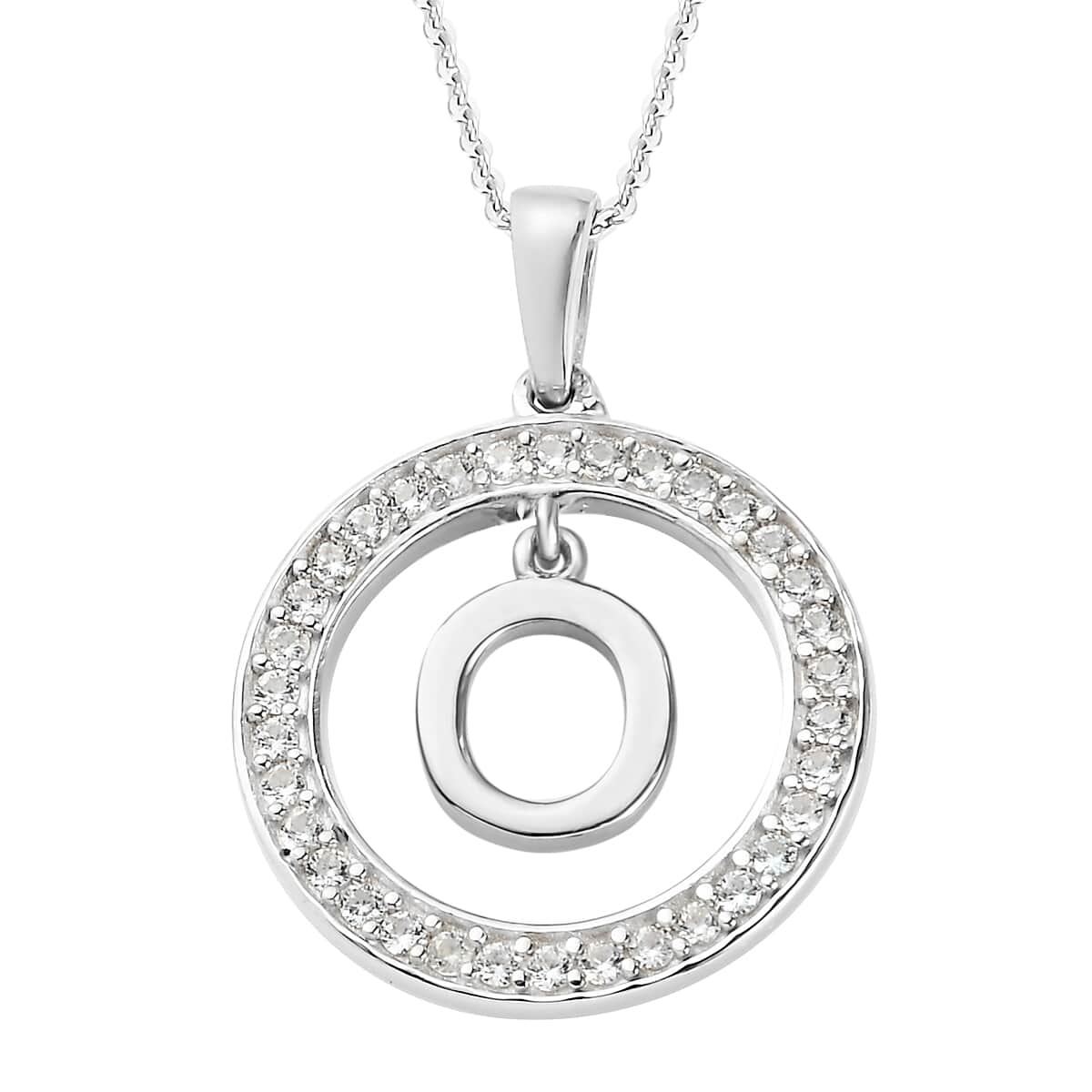 Natural White Zircon Initial O Pendant Necklace 20 Inches in Platinum Over Sterling Silver image number 0