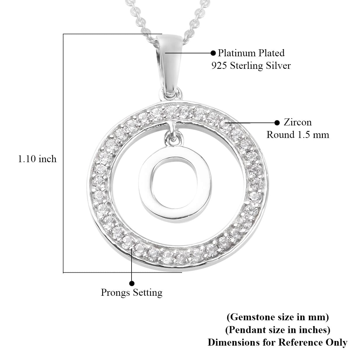 Natural White Zircon Initial O Pendant Necklace 20 Inches in Platinum Over Sterling Silver image number 5