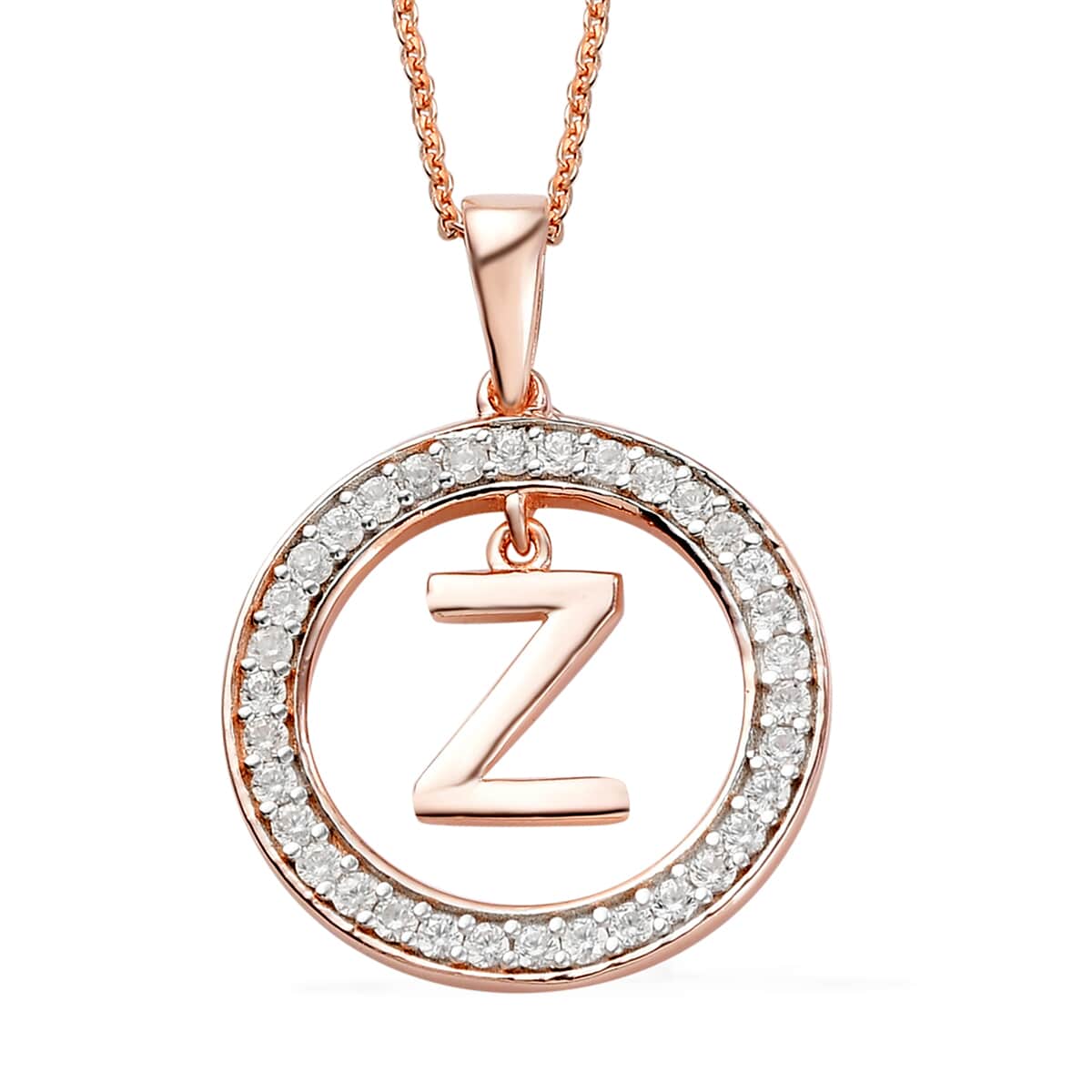 Natural White Zircon Initial Z Pendant Necklace 20 Inches in Vermeil Rose Gold Over Sterling Silver 0.70 ctw image number 0