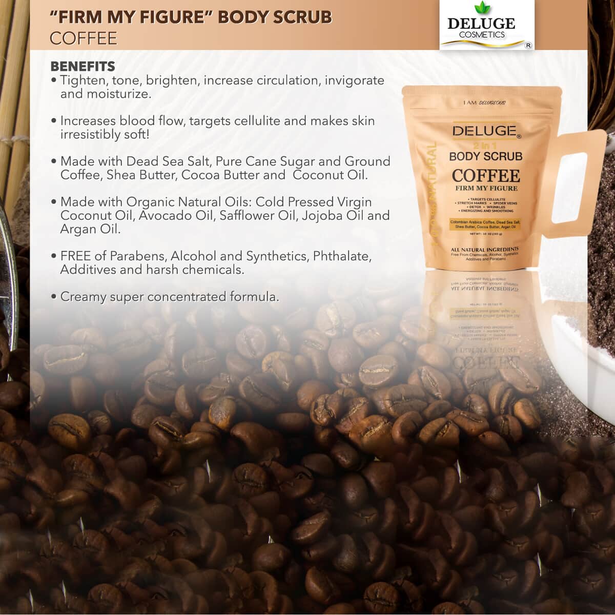 Value Buy Deluge Coffee Body and Face Scrub (10oz) Made in USA image number 2