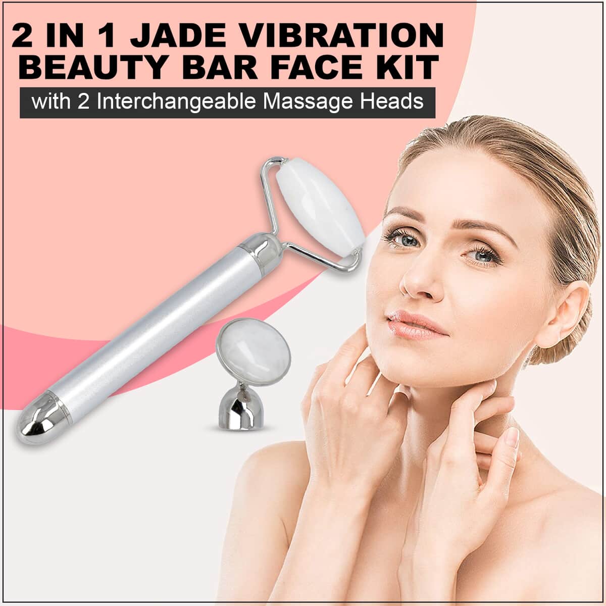 Silver Color 2 in 1 White Jade Vibration Beauty Bar Face Kit with 2 Interchangeable Massage Heads (2xAA Battery Not Included) image number 1