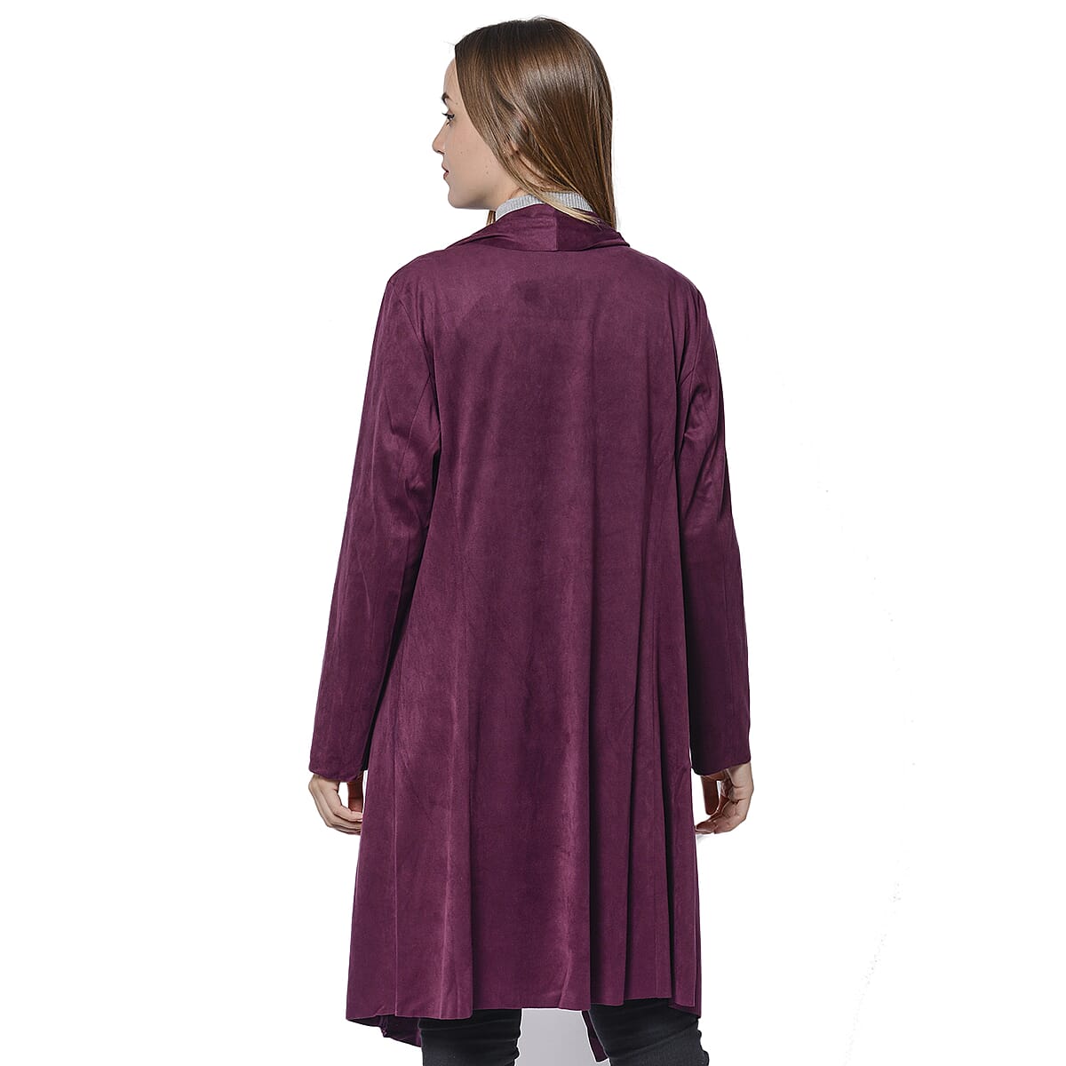 Passage Plum Faux Suede Long Waterfall Open Front Cardigan - M image number 1