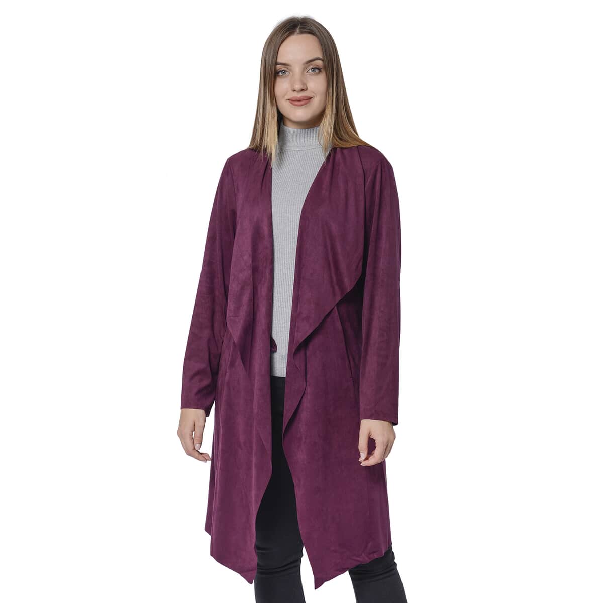 Passage Plum Faux Suede Long Waterfall Open Front Cardigan - L image number 0