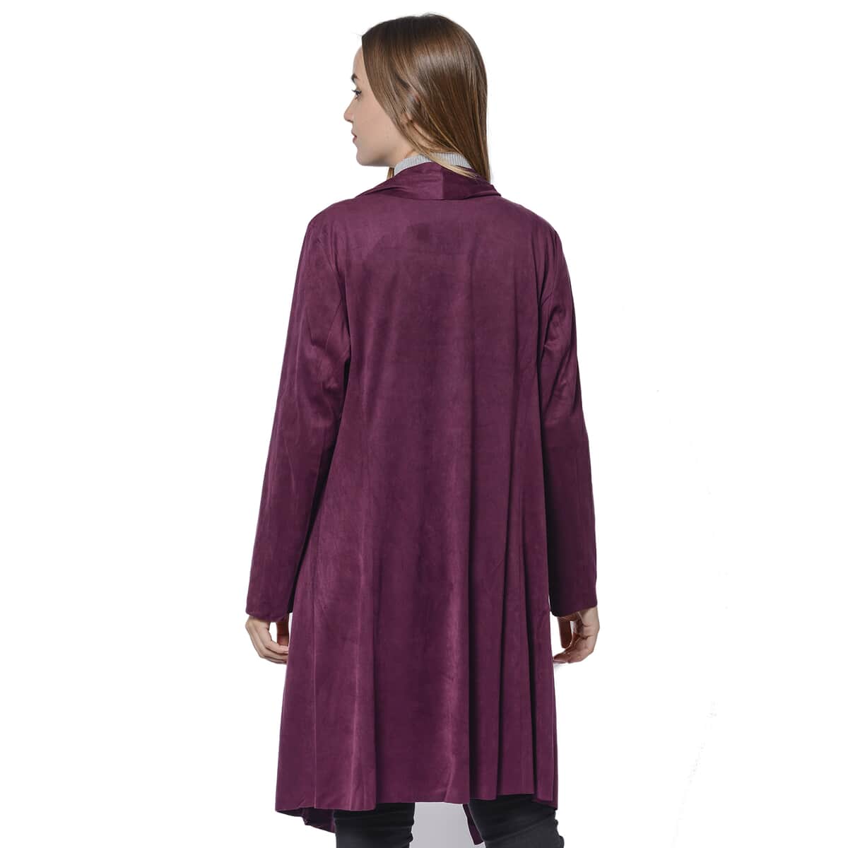 Passage Plum Faux Suede Long Waterfall Open Front Cardigan - L image number 1