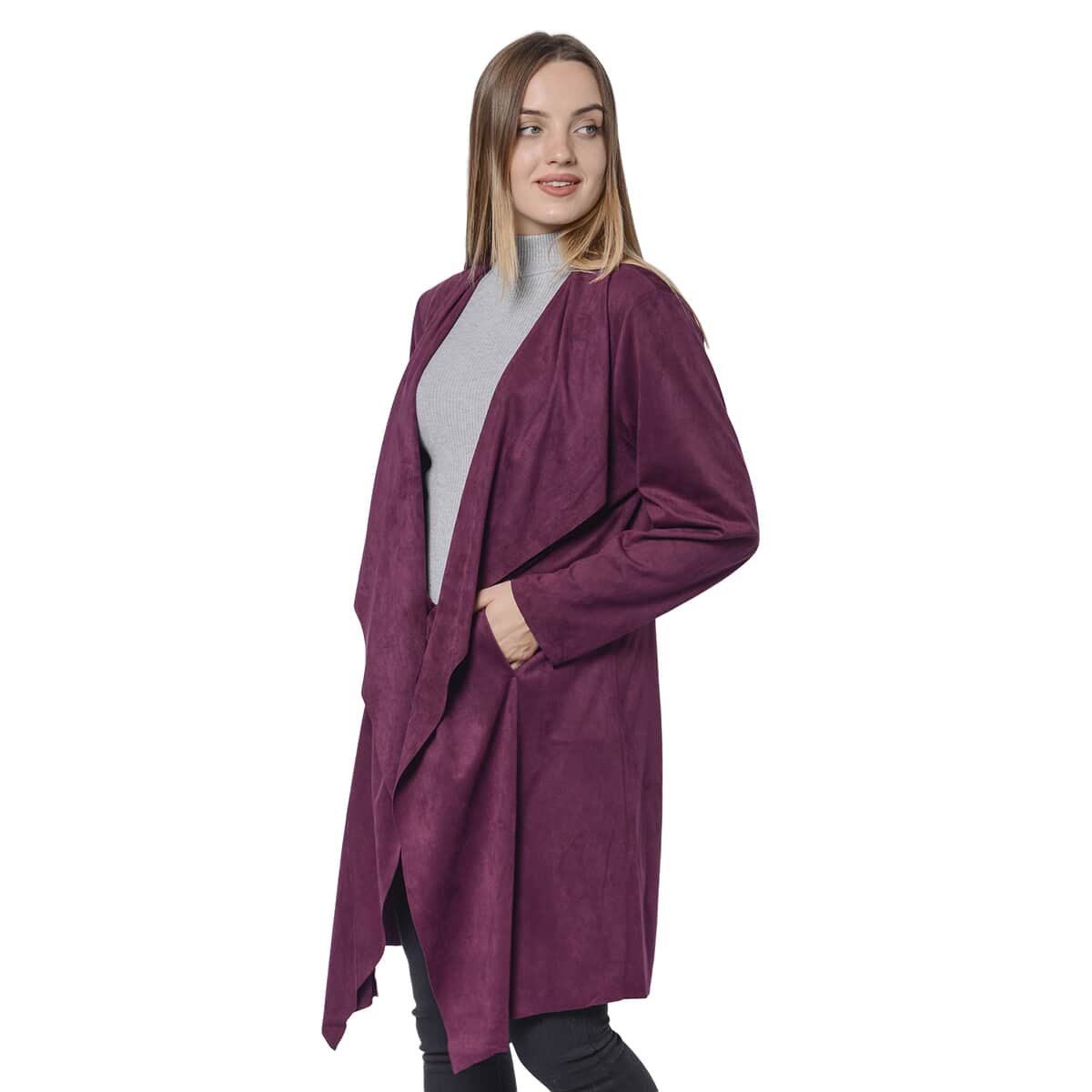 Passage Plum Faux Suede Long Waterfall Open Front Cardigan - L image number 2