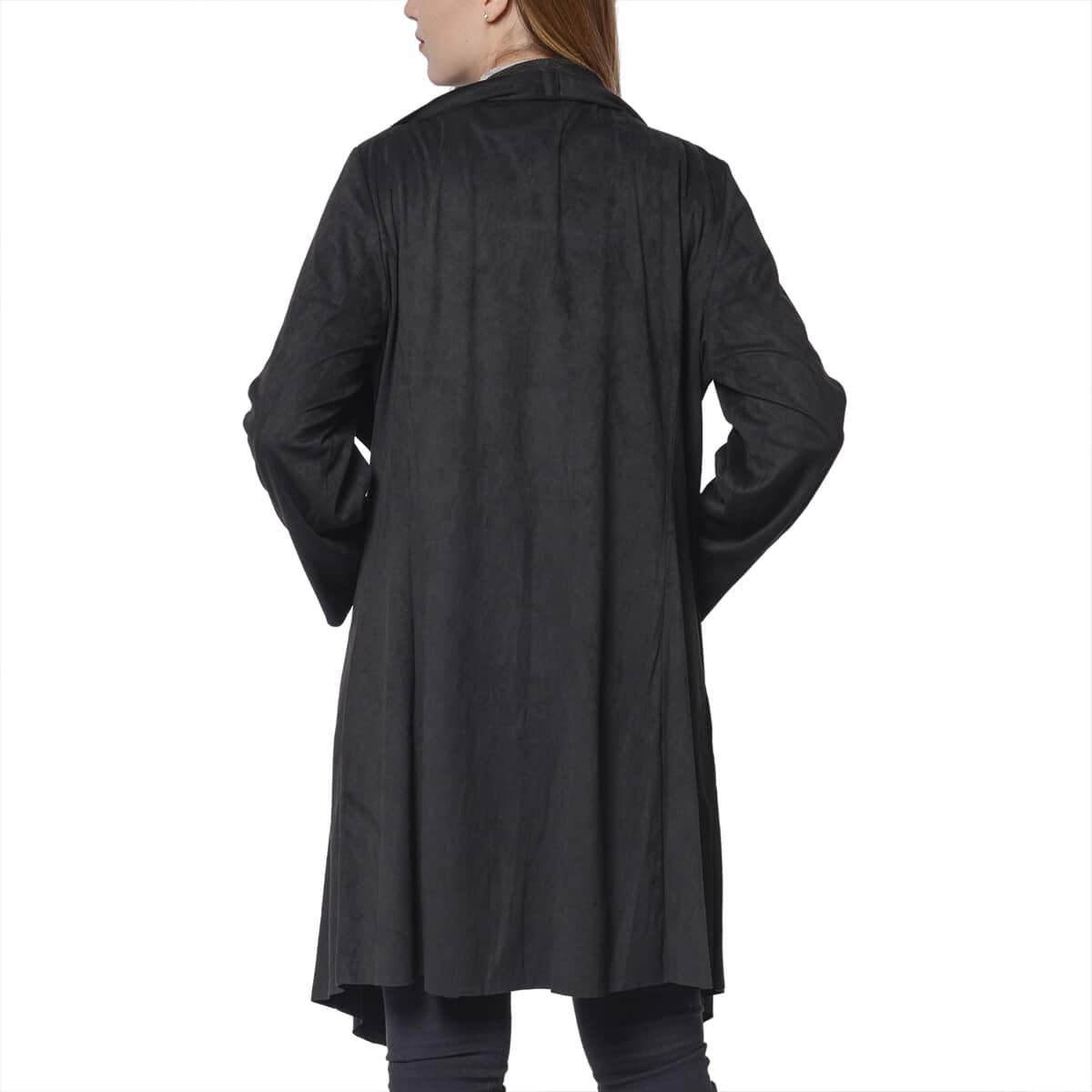 Passage Black Faux Suede Long Waterfall Open Front Cardigan - S image number 1