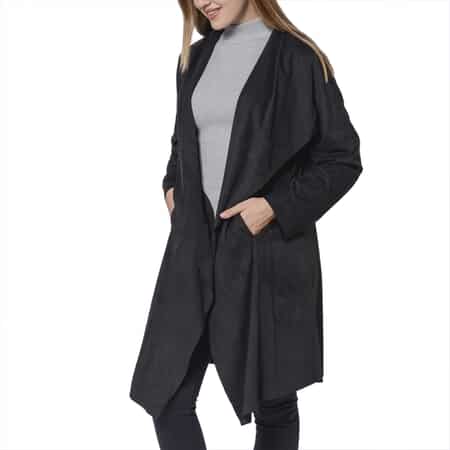 Passage Black Faux Suede Long Waterfall Open Front Cardigan - S image number 2