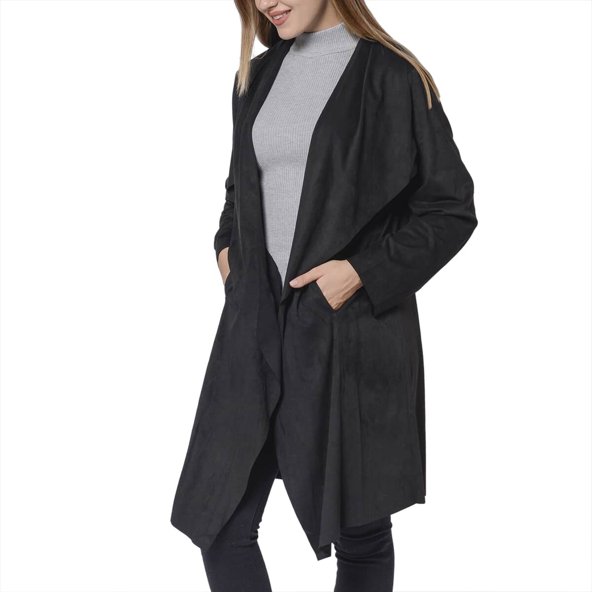 Passage Black Faux Suede Long Waterfall Open Front Cardigan - S image number 2