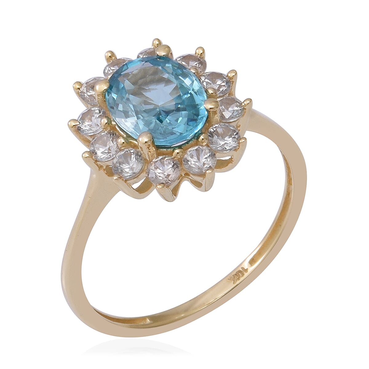 10K Yellow Gold AA Cambodian Blue Zircon and Natural White Zircon Ring (Size 8.0) 2.53 Grams 4.20 ctw image number 2