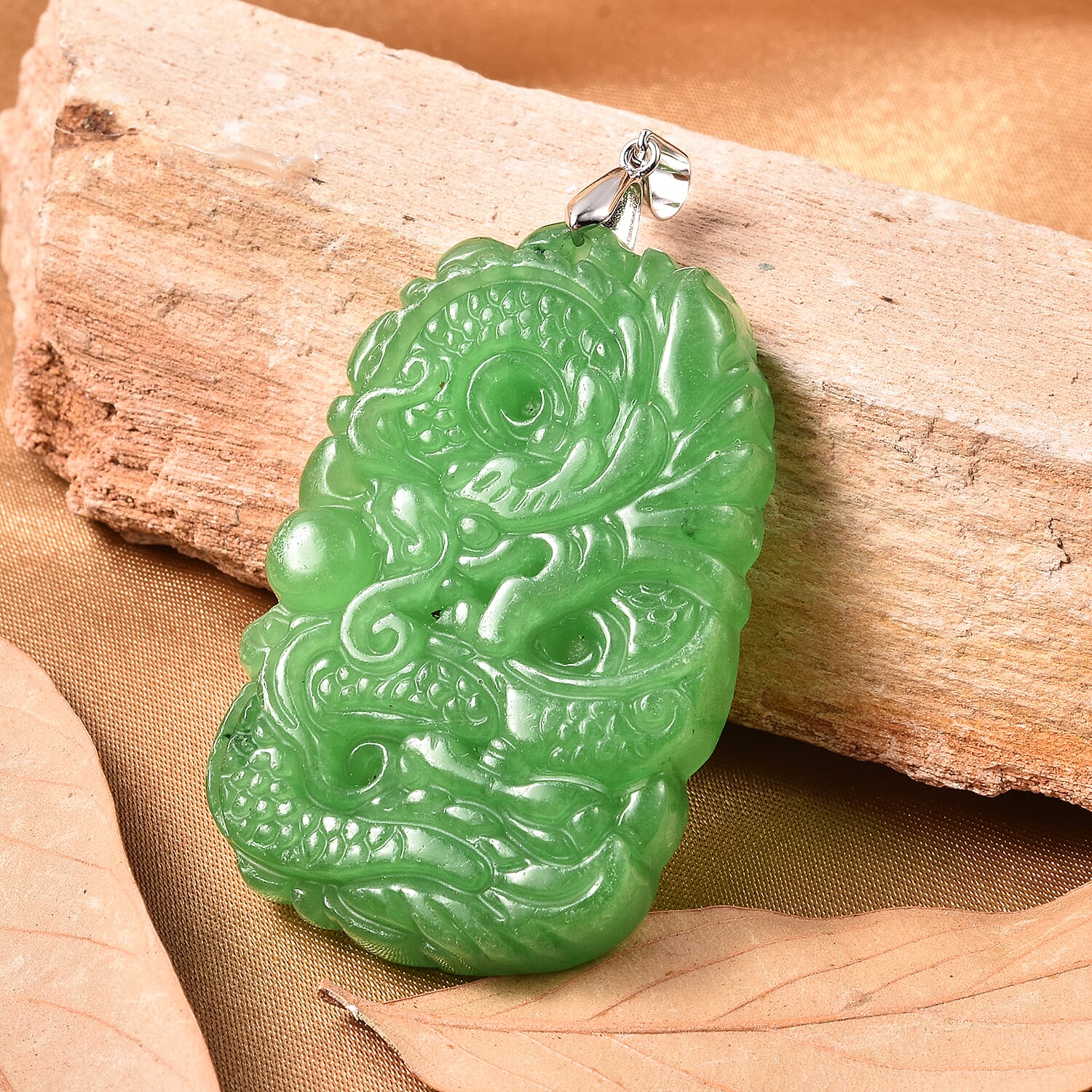 Green Jade Carved Dragon Pendant in Sterling Silver 156.25 ctw