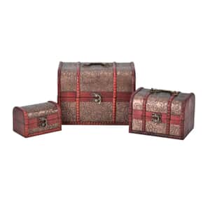 Set of 3 Bronze Color Wooden and Peony Pattern Faux Leather Nesting Treasure Chest with Latch Lock and Handle