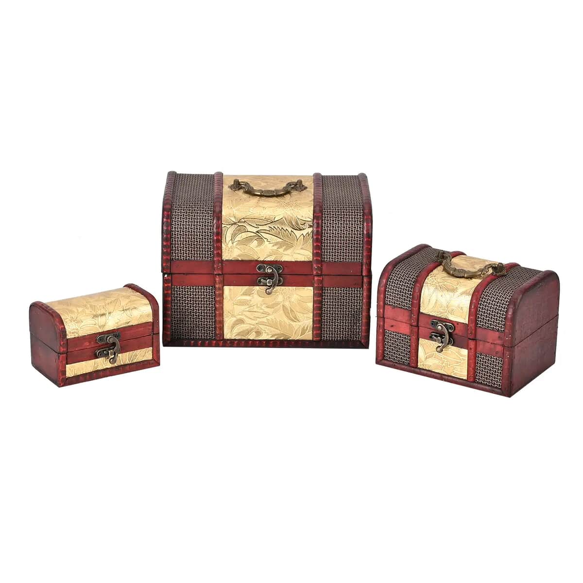 Set of 3 Brown Wooden and Golden Floral Pattern Faux Leather Nesting Treasure Chest with Latch Lock and Handle image number 0