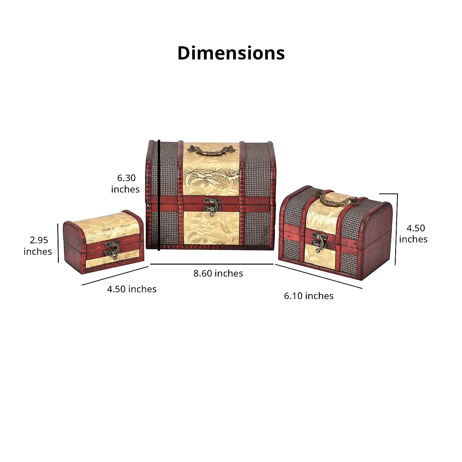 Set of 3 Brown Wooden and Golden Floral Pattern Faux Leather Nesting Treasure Chest with Latch Lock and Handle