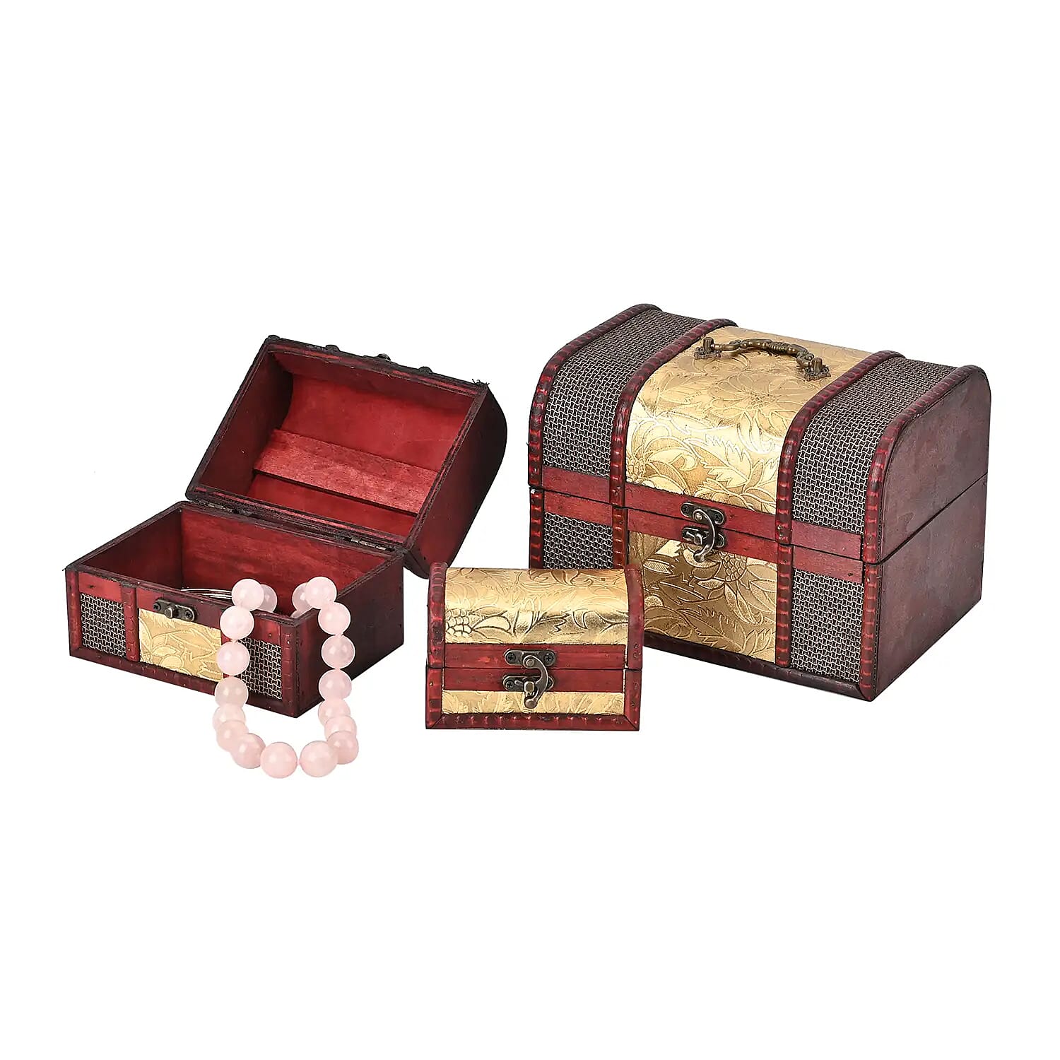 Set of 3 Brown Wooden and Golden Floral Pattern Faux Leather Nesting Treasure Chest with Latch Lock and Handle