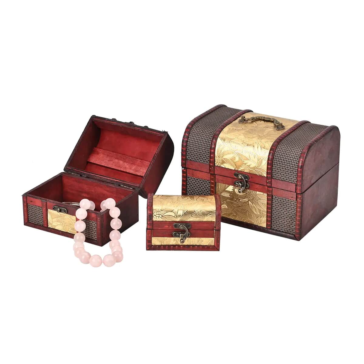 Set of 3 Brown Wooden and Golden Floral Pattern Faux Leather Nesting Treasure Chest with Latch Lock and Handle image number 5