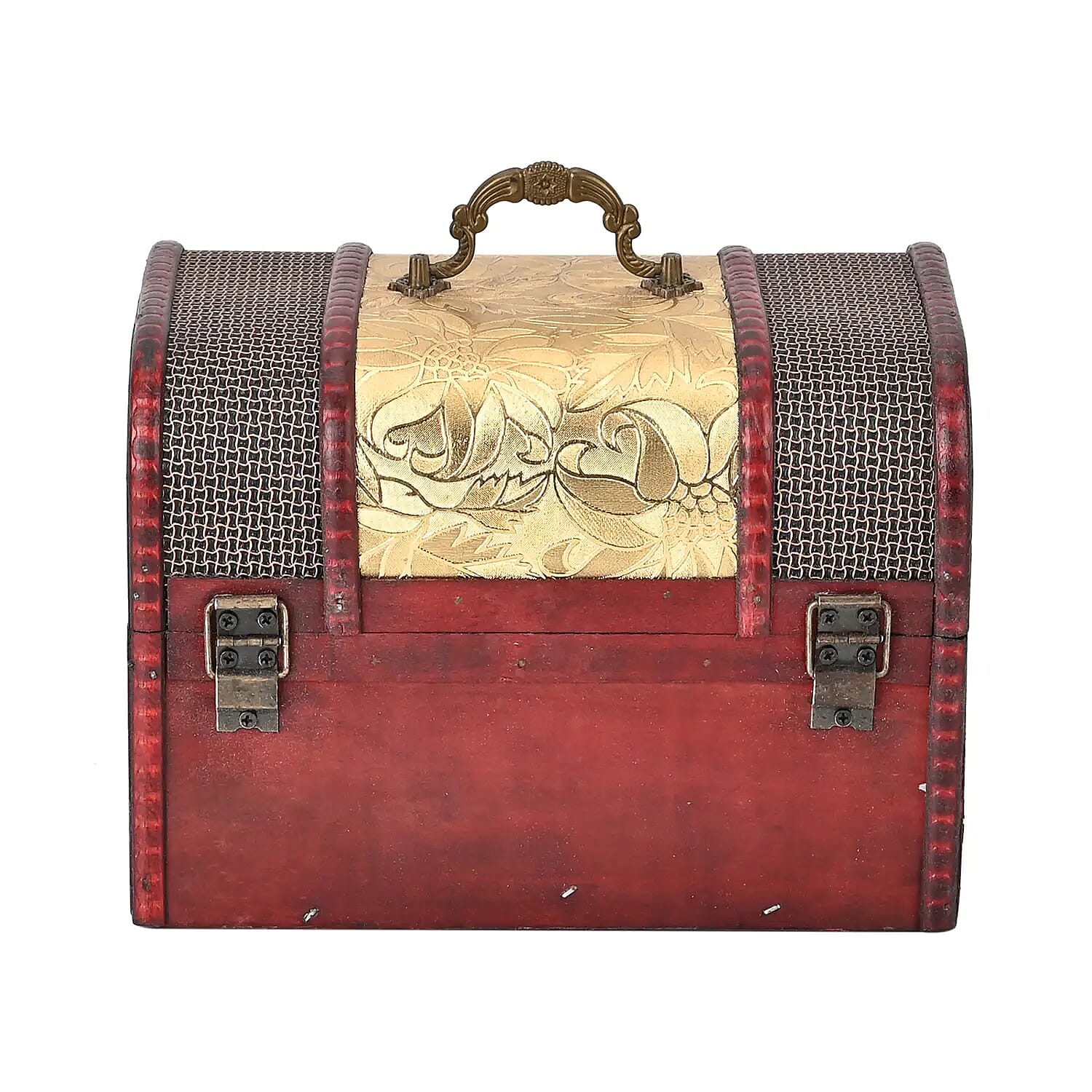 Set of 3 Brown Wooden and Golden Floral Pattern Faux Leather Nesting Treasure Chest with Latch Lock and Handle