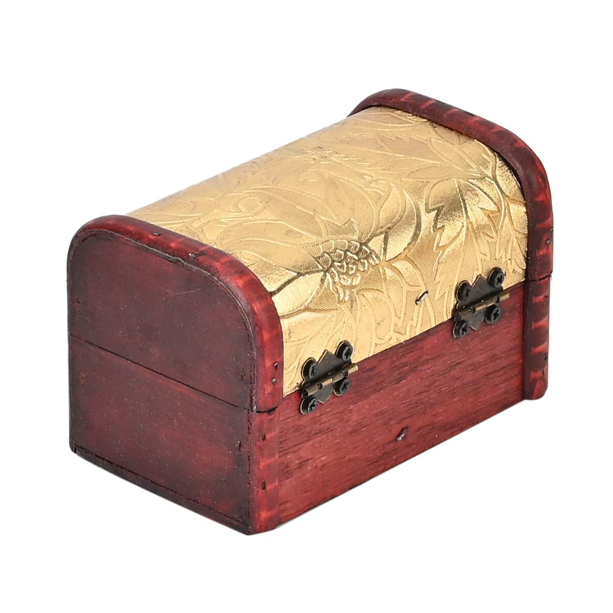 Set of 3 Brown Wooden and Golden Floral Pattern Faux Leather Nesting Treasure Chest with Latch Lock and Handle image number 7