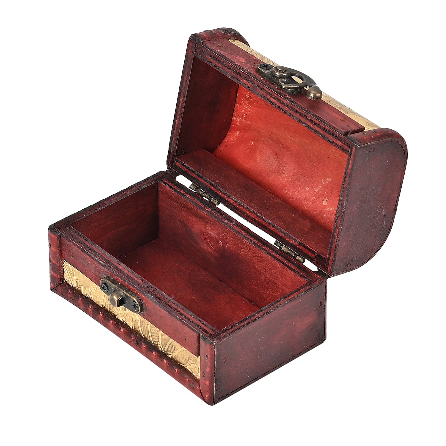 Set of 3 Brown Wooden and Golden Floral Pattern Faux Leather Nesting Treasure Chest with Latch Lock and Handle