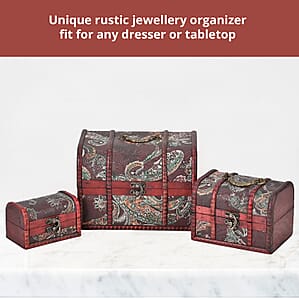 Set of 3 Brown Wooden and Multi Color Paisley Pattern Faux Leather Nesting Treasure Chest with Anti Tarnish, Latch Lock and Handle