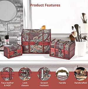Set of 3 Brown Wooden and Multi Color Paisley Pattern Faux Leather Nesting Treasure Chest with Anti Tarnish, Latch Lock and Handle