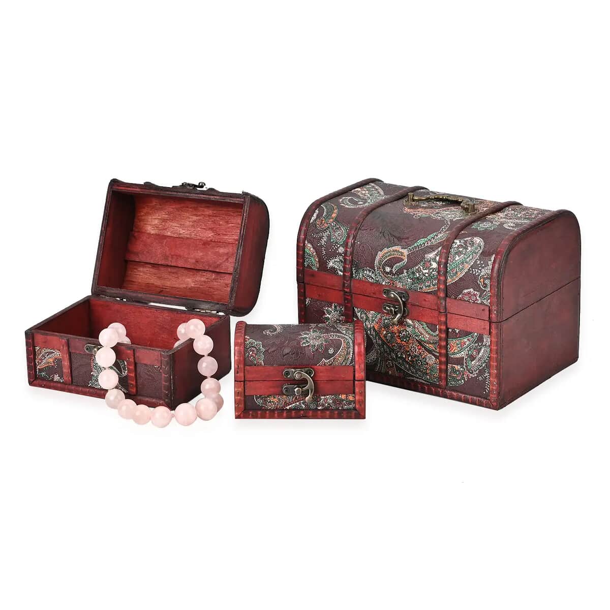Set of 3 Brown Wooden and Multi Color Paisley Pattern Faux Leather Nesting Treasure Chest with Latch Lock and Handle image number 5
