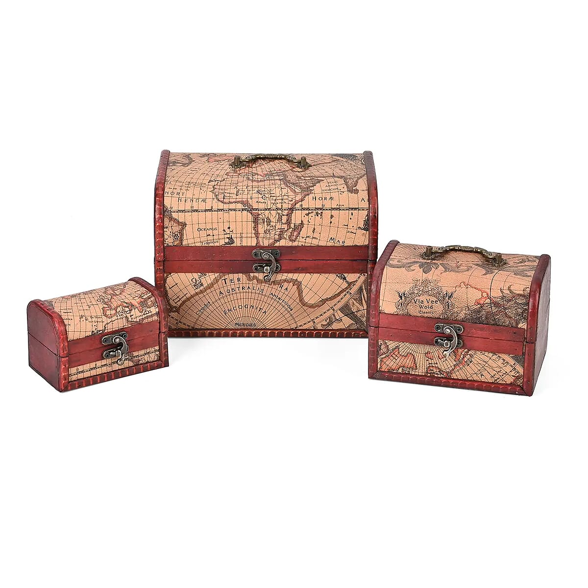 Set of 3 Brown Wooden and Rose Gold World Map Pattern Faux Leather Nesting Treasure Chest with Latch Lock and Handle image number 0