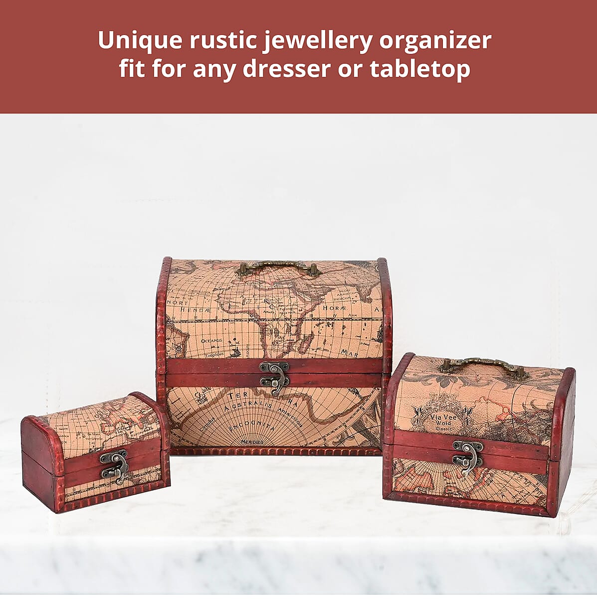 Set of 3 Brown Wooden and Rose Gold World Map Pattern Faux Leather Nesting Treasure Chest with Latch Lock and Handle image number 1