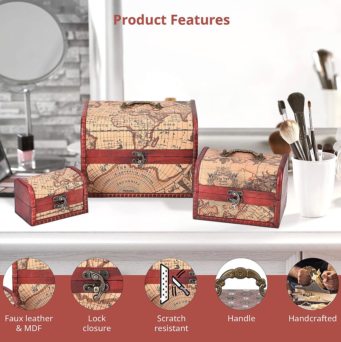 Set of 3 Brown Wooden and Rose Gold World Map Pattern Faux Leather Nesting Treasure Chest with Latch Lock and Handle image number 2