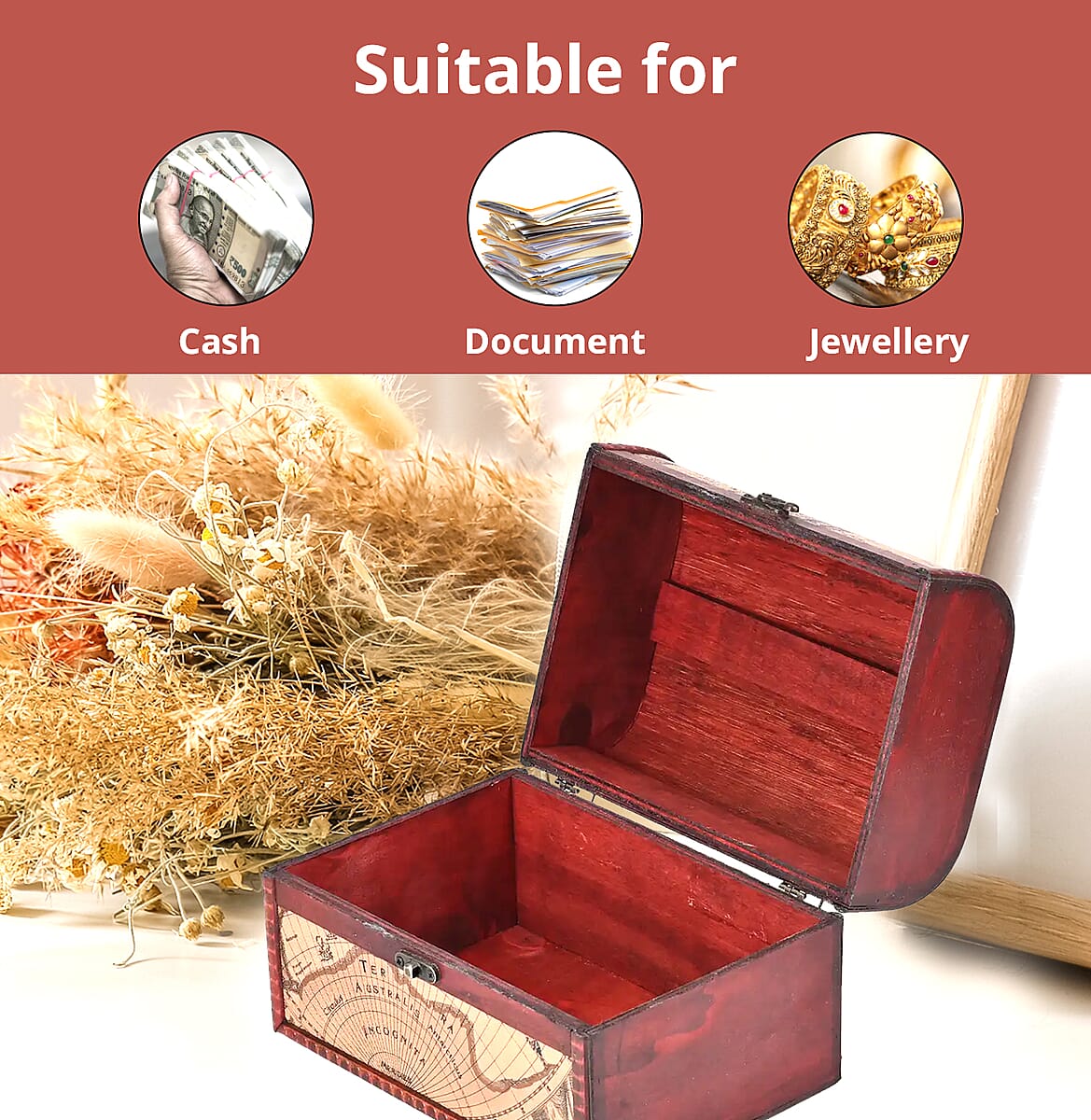 Set of 3 Brown Wooden and Rose Gold World Map Pattern Faux Leather Nesting Treasure Chest with Latch Lock and Handle image number 3