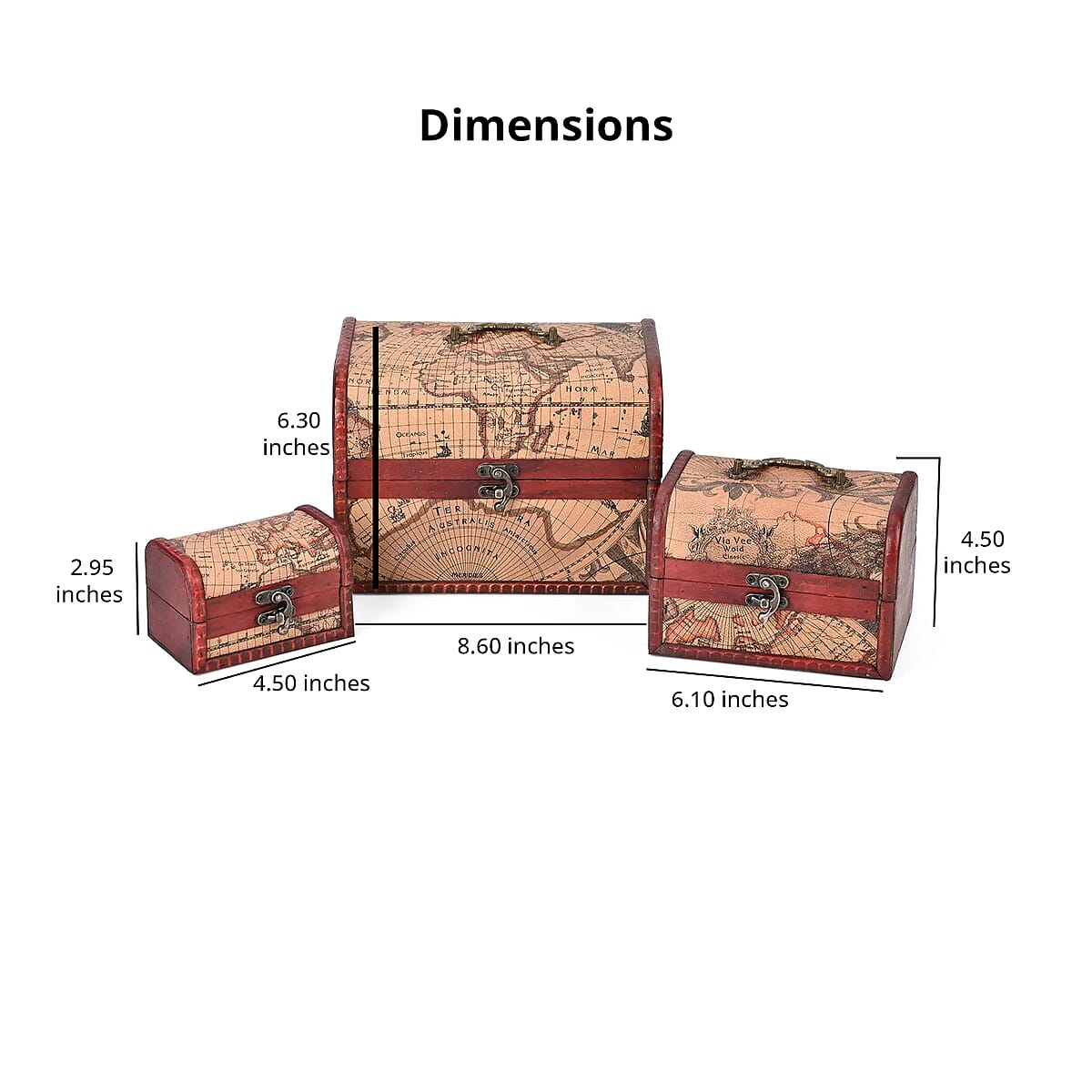 Set of 3 Brown Wooden and Rose Gold World Map Pattern Faux Leather Nesting Treasure Chest with Latch Lock and Handle image number 4