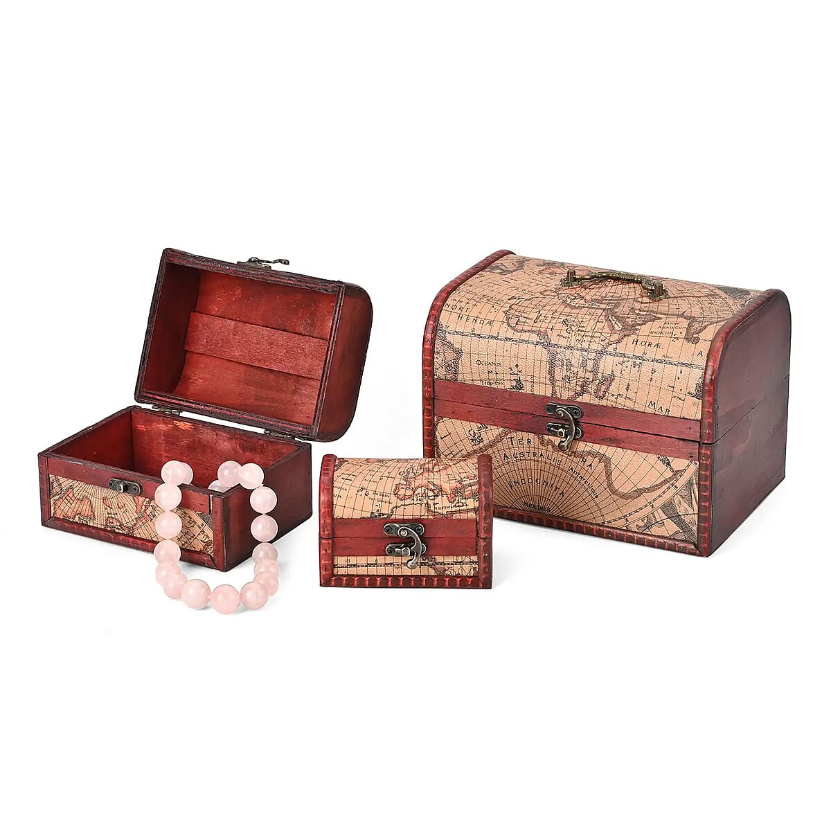 Set of 3 Brown Wooden and Rose Gold World Map Pattern Faux Leather Nesting Treasure Chest with Latch Lock and Handle image number 5
