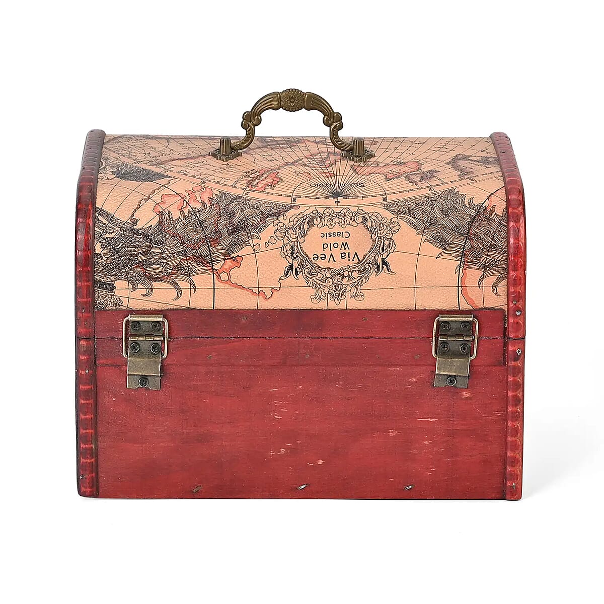 Set of 3 Brown Wooden and Rose Gold World Map Pattern Faux Leather Nesting Treasure Chest with Latch Lock and Handle image number 6