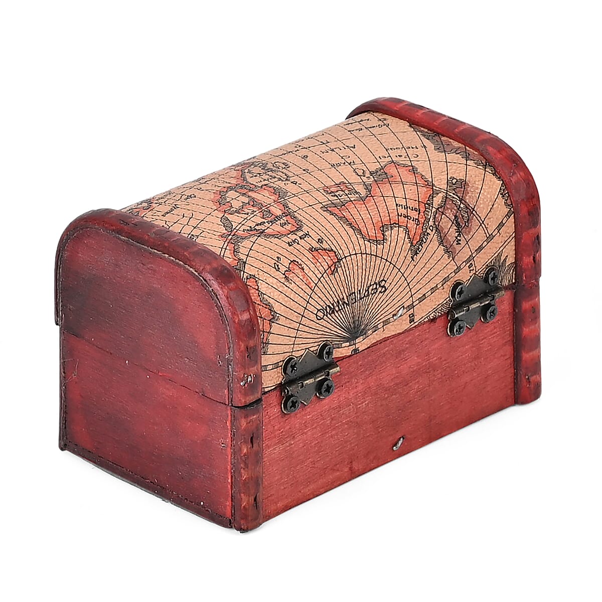 Set of 3 Brown Wooden and Rose Gold World Map Pattern Faux Leather Nesting Treasure Chest with Latch Lock and Handle image number 7