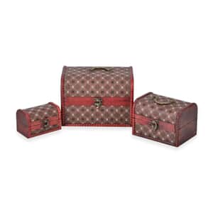 Set of 3 Brown Wooden and Coffee Pentagonal Flower Pattern Faux Leather Nesting Treasure Chest with Latch Lock and Handle