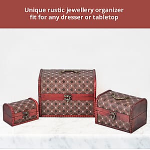 Set of 3 Brown Wooden and Coffee Pentagonal Flower Pattern Faux Leather Nesting Treasure Chest with Latch Lock and Handle