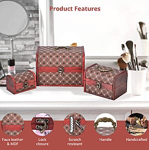 Set of 3 Brown Wooden and Coffee Pentagonal Flower Pattern Faux Leather Nesting Treasure Chest with Latch Lock and Handle