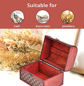 Set of 3 Brown Wooden and Coffee Pentagonal Flower Pattern Faux Leather Nesting Treasure Chest with Latch Lock and Handle