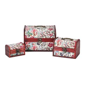 Set of 3 Brown Wooden and Multi Color Floral Pattern Faux Leather Nesting Treasure Chest with Latch Lock and Handle