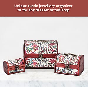 Set of 3 Brown Wooden and Multi Color Floral Pattern Faux Leather Nesting Treasure Chest with Anti Tarnish, Latch Lock and Handle