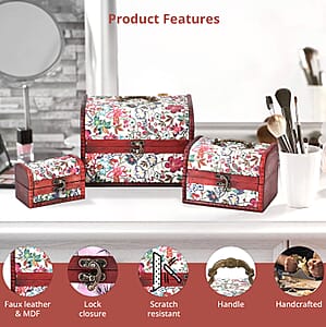 Set of 3 Brown Wooden and Multi Color Floral Pattern Faux Leather Nesting Treasure Chest with Anti Tarnish, Latch Lock and Handle