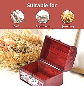 Set of 3 Brown Wooden and Multi Color Floral Pattern Faux Leather Nesting Treasure Chest with Anti Tarnish, Latch Lock and Handle