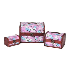 Set of 3 Dark Brown Wooden and Pink Flower Pattern Faux Leather Nesting Treasure Chest with Latch Lock and Handle