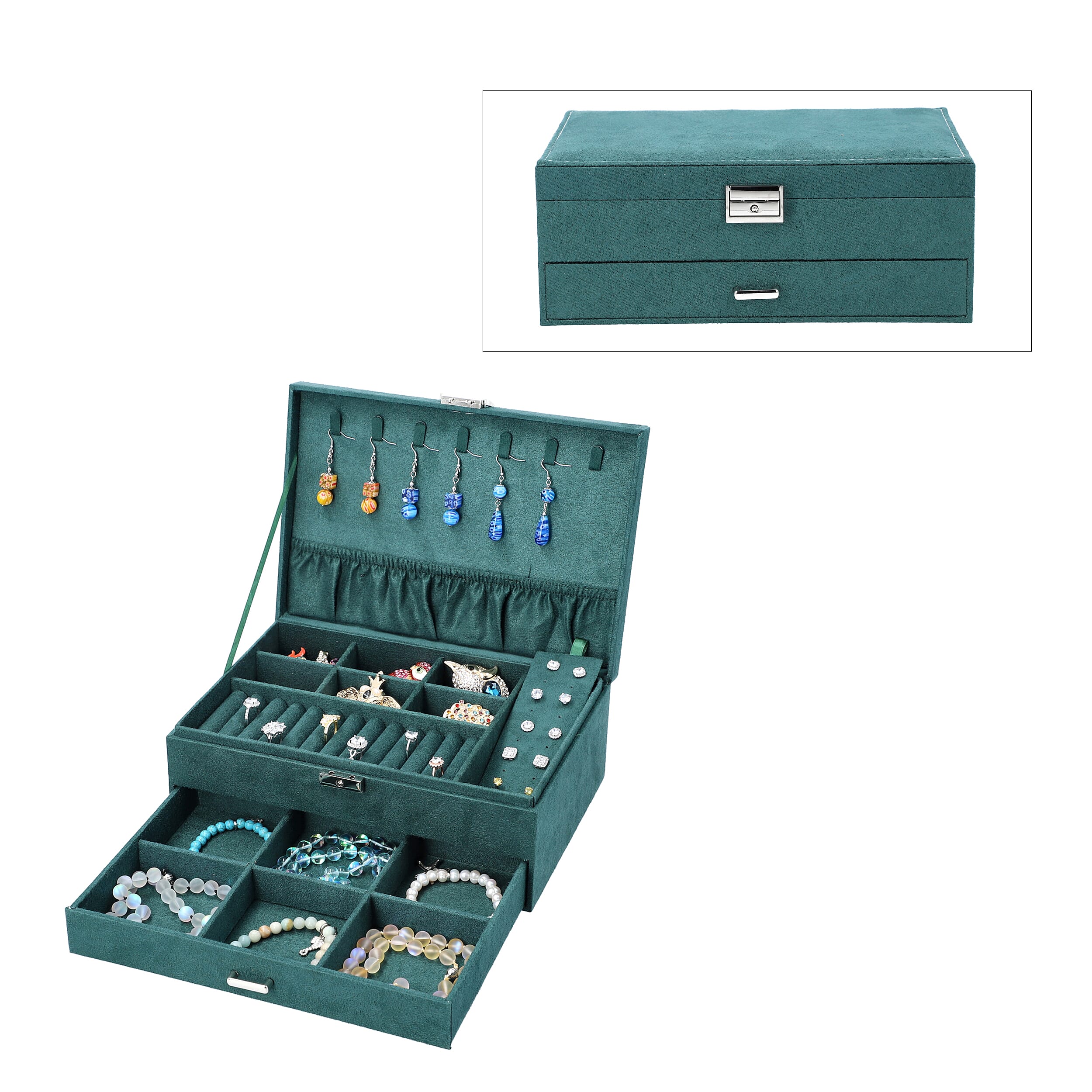 Dark Green Velvet 2 Tier Jewelry Box with Lock and Key