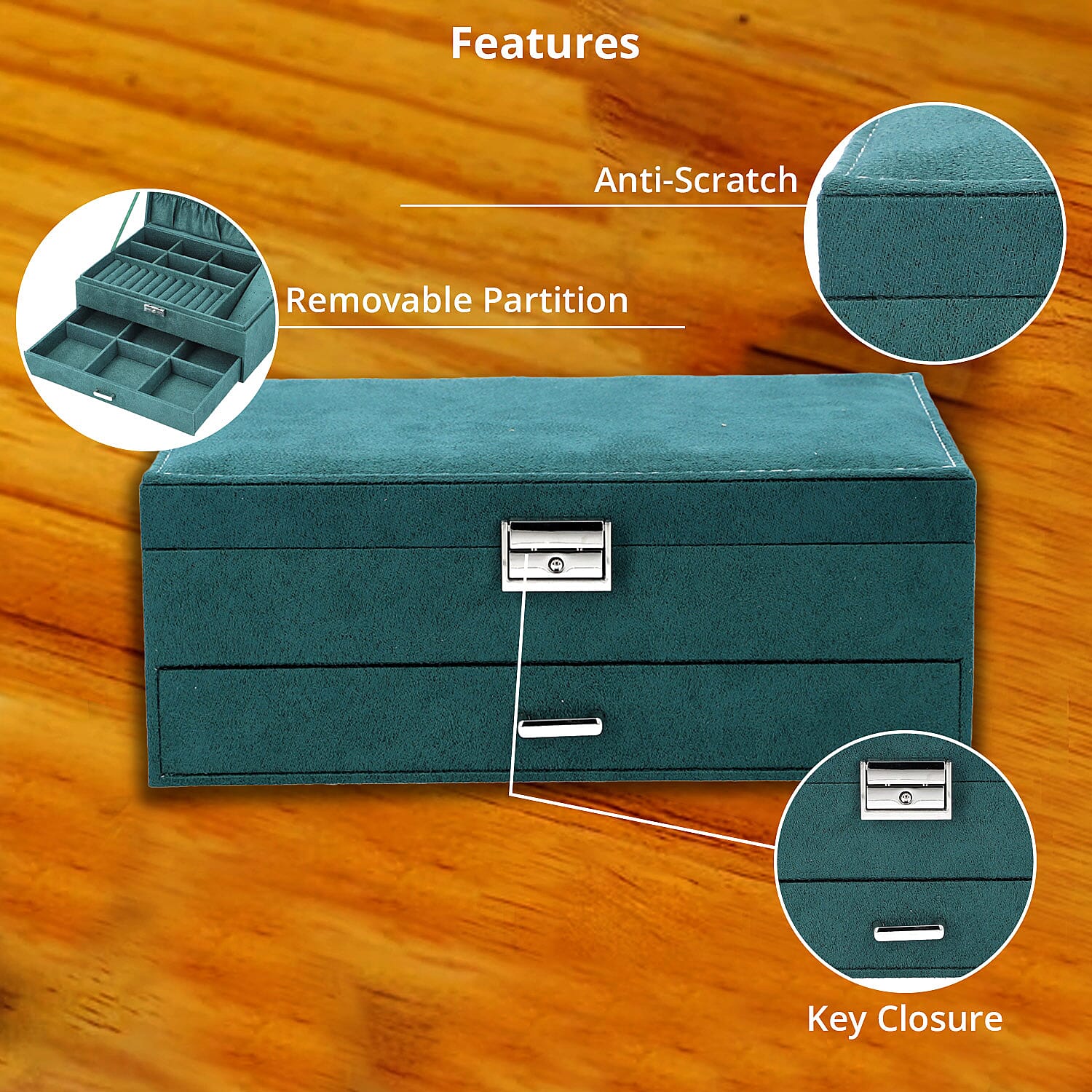 Dark Green Velvet 2 Tier Jewelry Box with Lock and Key