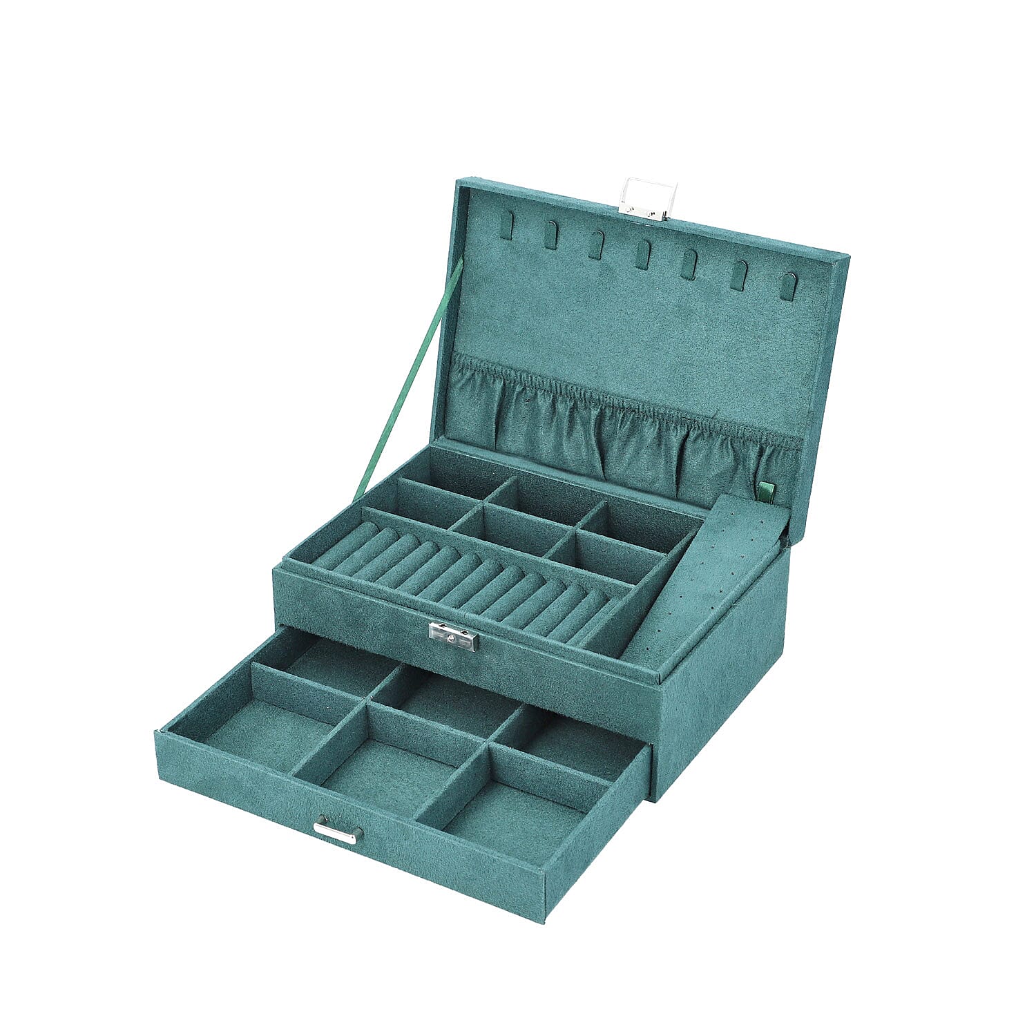 Dark Green Velvet 2 Tier Jewelry Box with Lock and Key