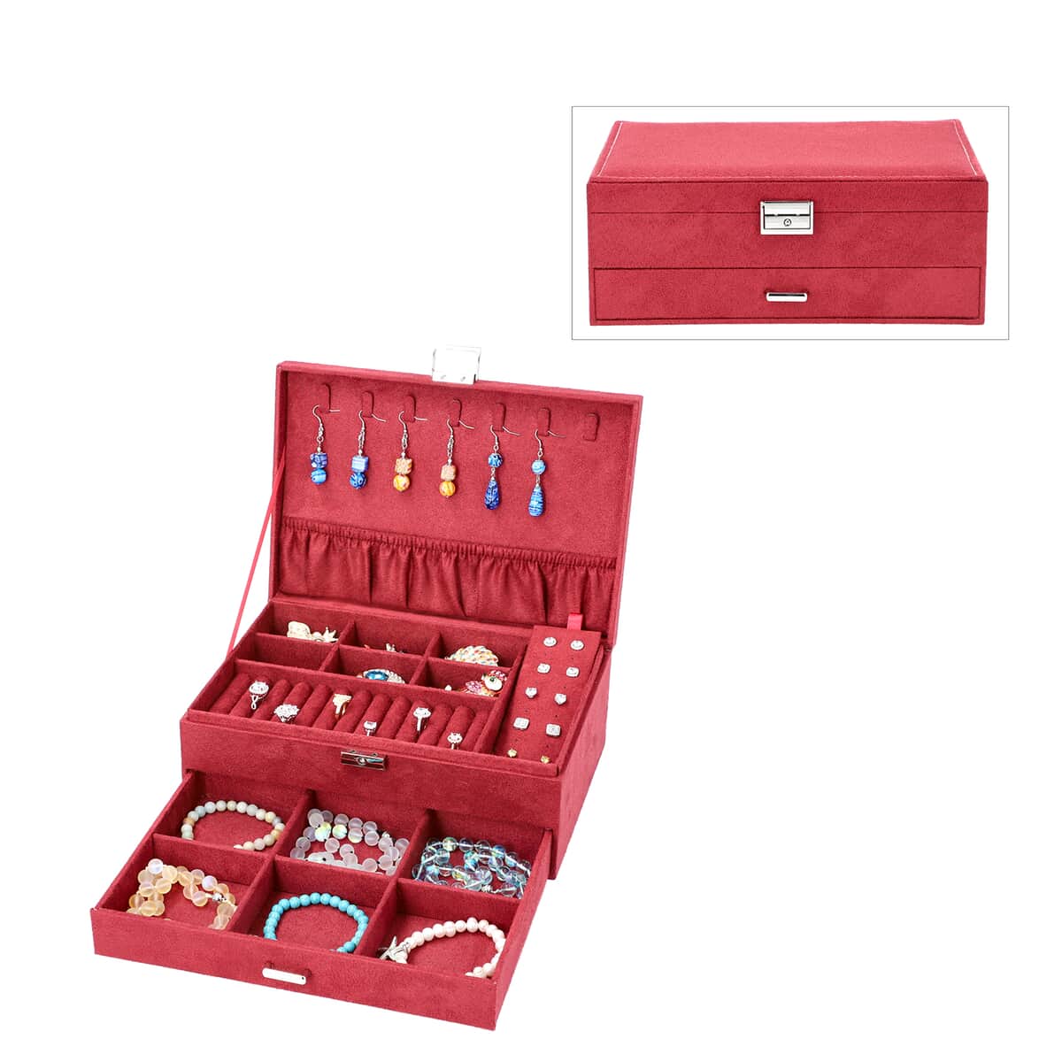 Dark Maroon Velvet 2 Tier Jewelry Box with Lock and Key image number 0