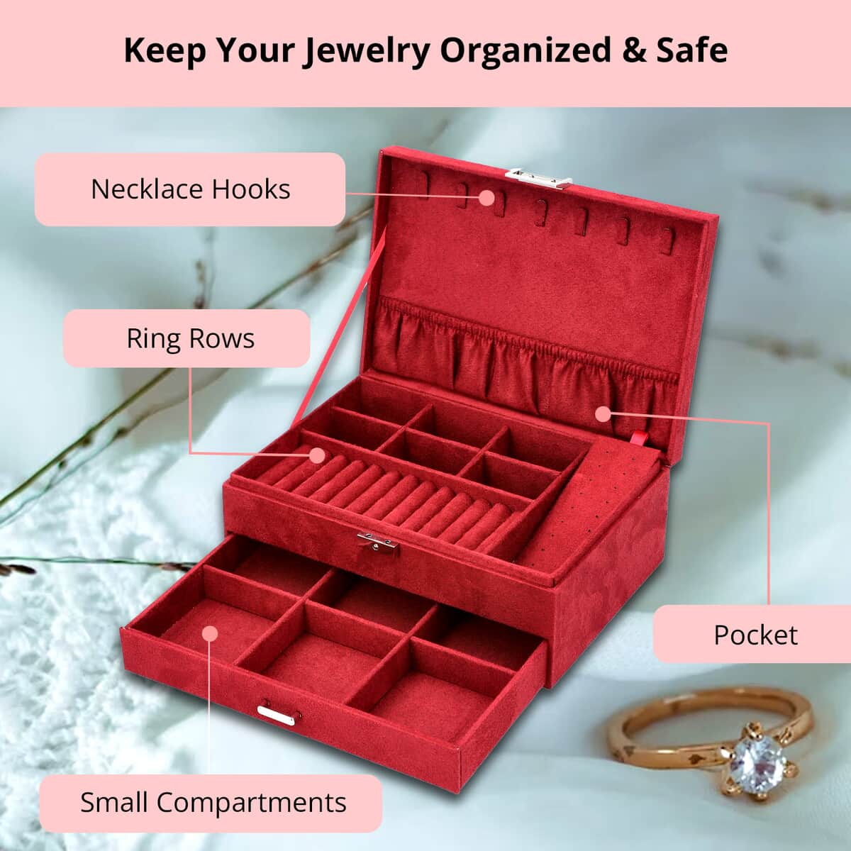 Dark Maroon Velvet 2 Tier Jewelry Box with Lock and Key image number 2