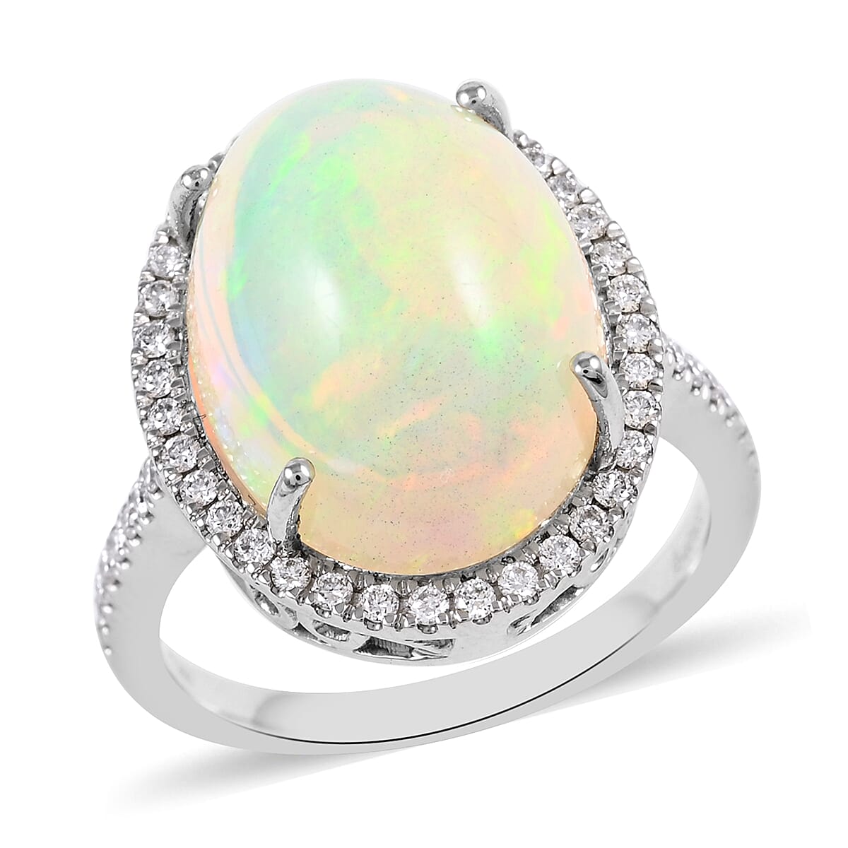 Rhapsody 6.50 ctw AAAA Ethiopian Welo Opal and Diamond E-F VS Halo Ring in 950 Platinum (Size 10.0) 8 Grams
